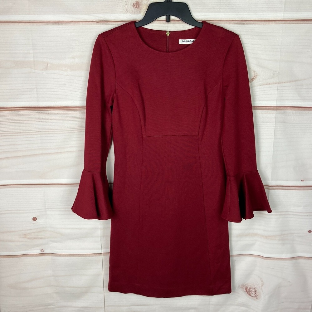 Trina Turk Dress Womens 2 Red Ponte Knit Sheath Bell Sleeve Solid Crew Neck